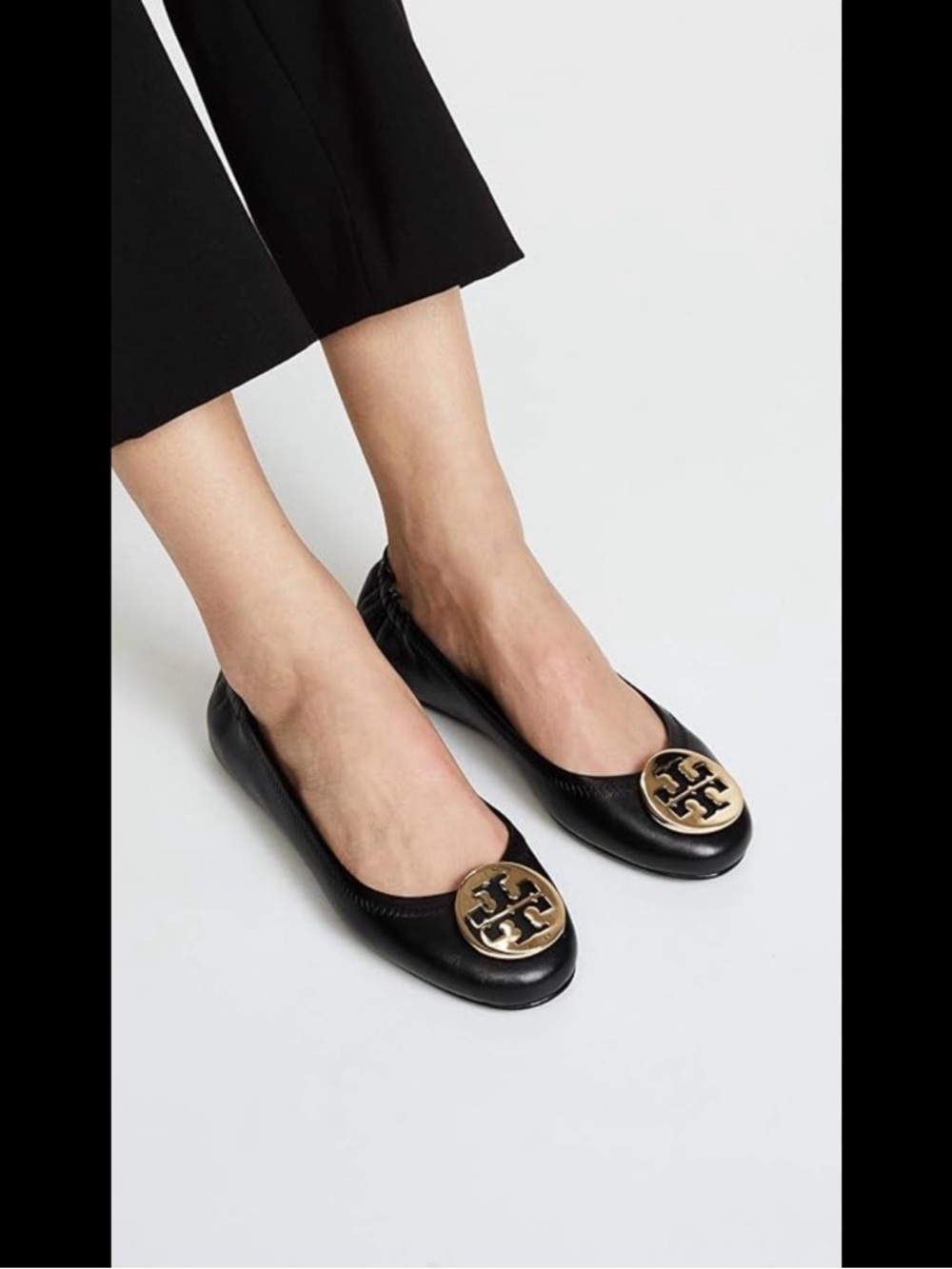 Tory Burch Reva Travel Ballet Flats Black Leather Gold Logo Size 9